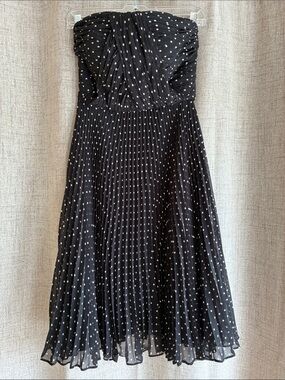 Donna Morgan Black and White Polka Dot Strapless Pleated Midi Dress
